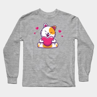 Cute Cat Sitting And Holding Love Cartoon Long Sleeve T-Shirt